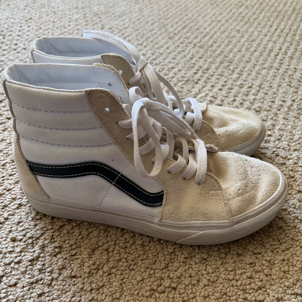 Vans High-Top Sneakers in White, Cream, and Navy Blue